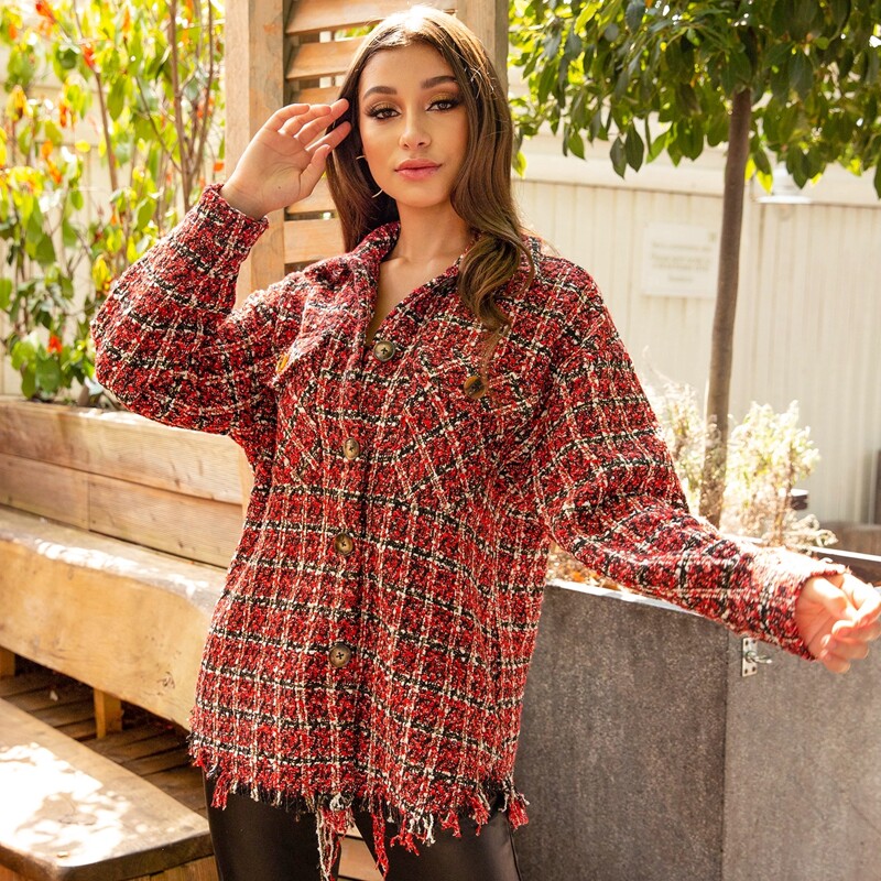 

Frayed Trim Button Front Tweed Coat, Multicolor