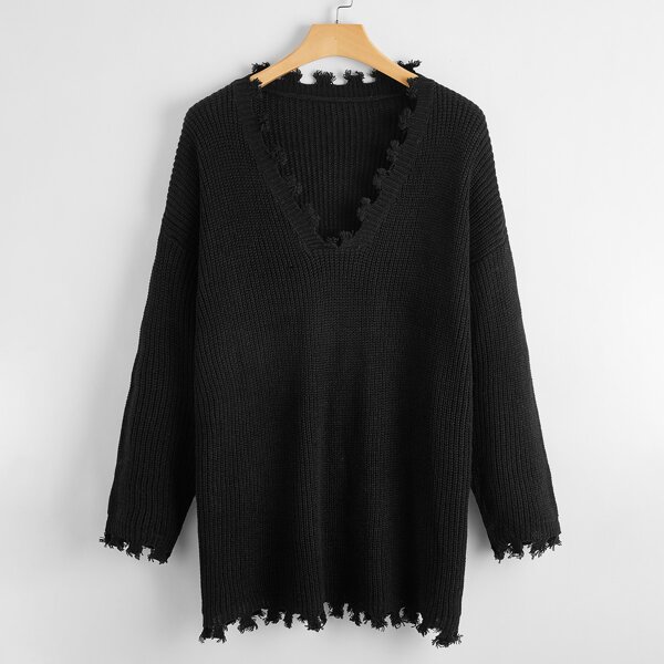 

Plus Raw Trim V-neck Longline Sweater, Black