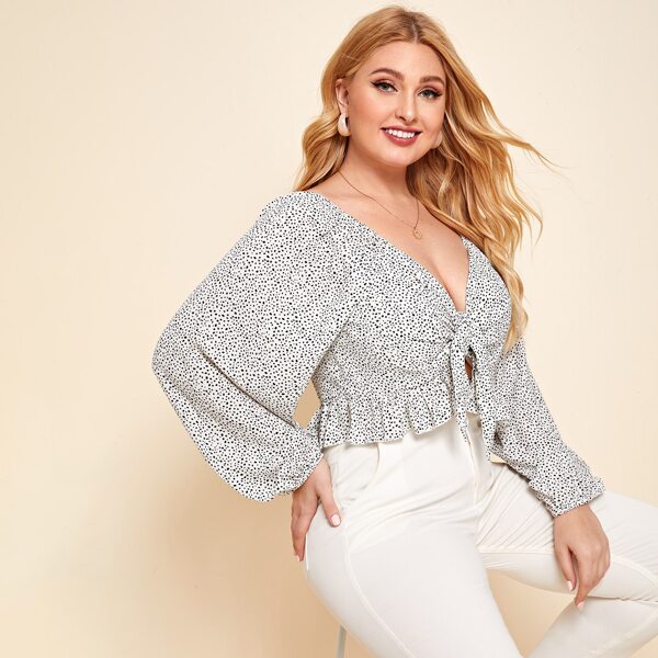 

Plus Dot Print Tie Front Ruffle Hem Top, Black and white