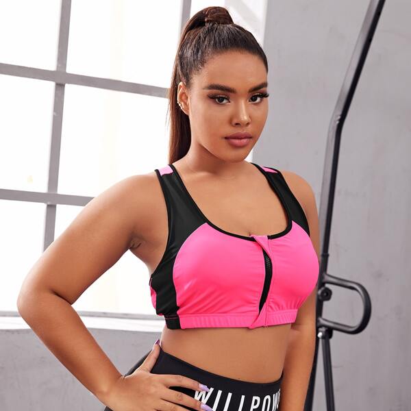 

Plus Neon Pink Color Block Sports Bra, Hot pink neon