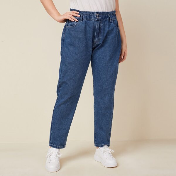

Plus Paperbag Waist Button Fly Jeans, Dark wash