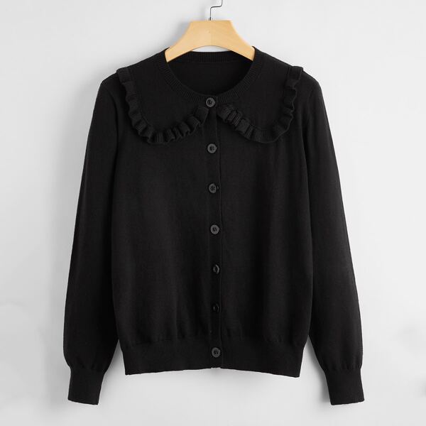 

Plus Ruffle Trim Button Front Solid Cardigan, Black