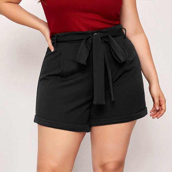 

Plus Solid Button Fly Self Tie Shorts, Black