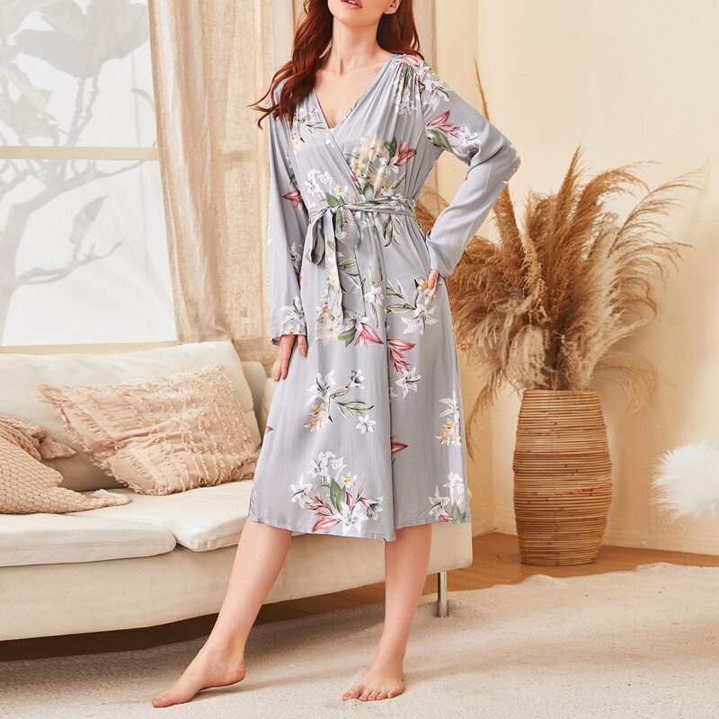 

Floral Print Self Tie Robe, Light grey