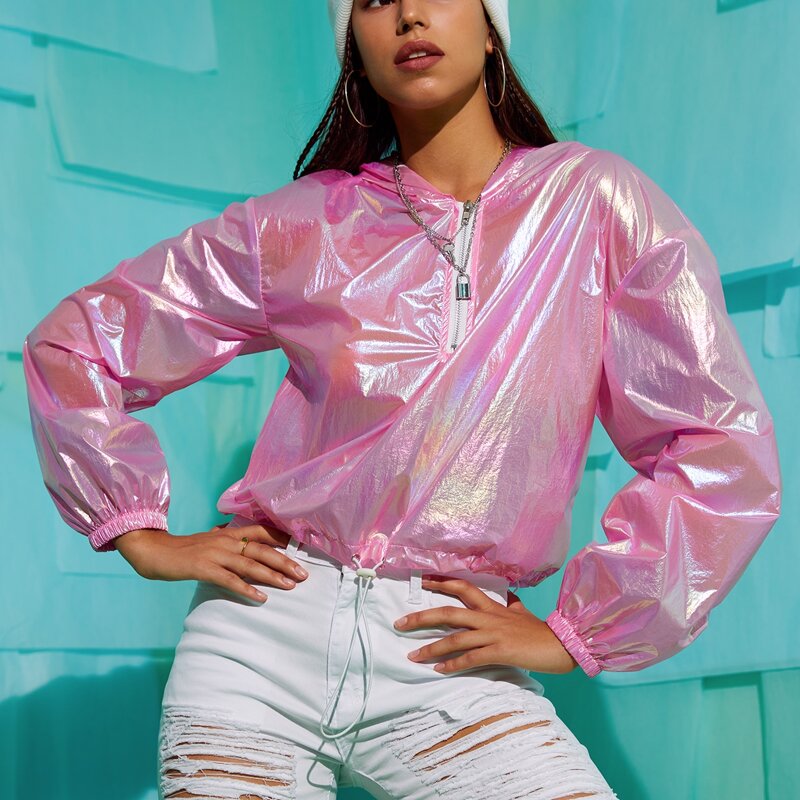 

Zip Half Holographic Hooded Jacket, Baby pink