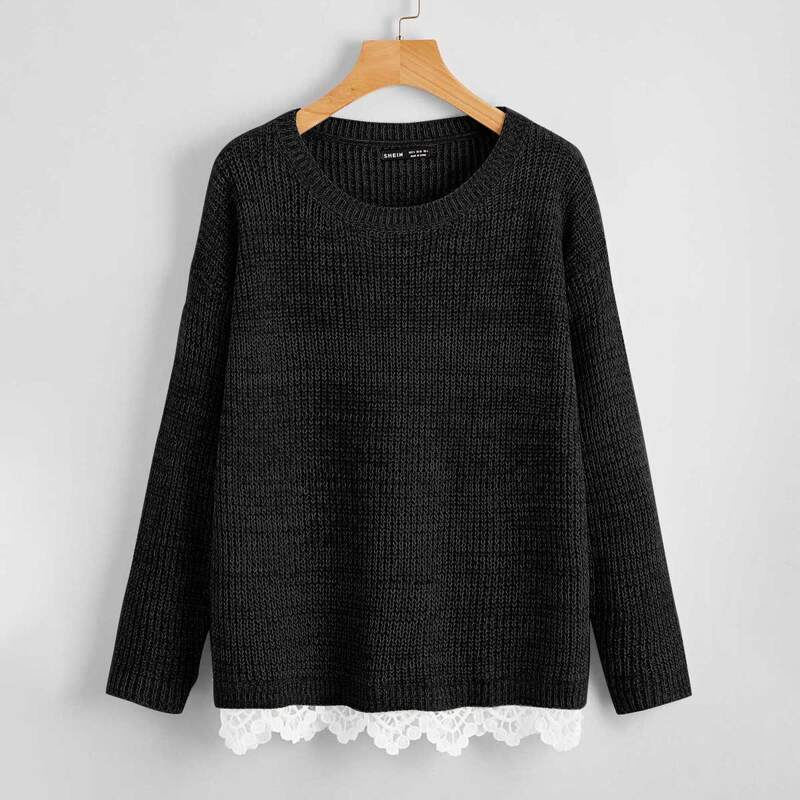 

Drop Shoulder Lace Trim Sweater, Black