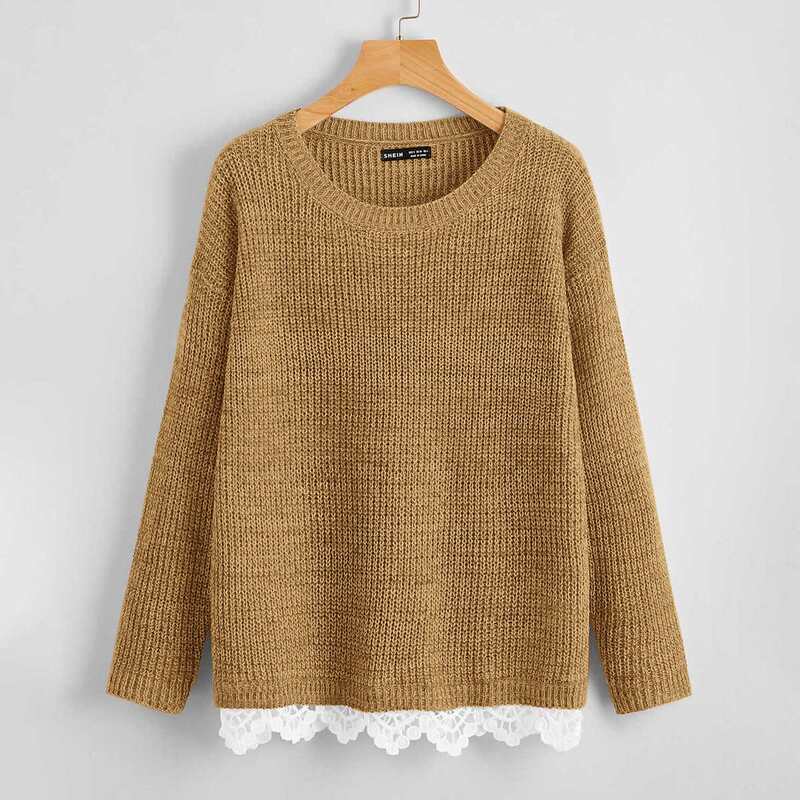 

Drop Shoulder Lace Trim Sweater, Camel