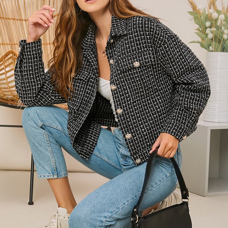 

Flap Pocket Button Front Tweed Jacket, Black and white