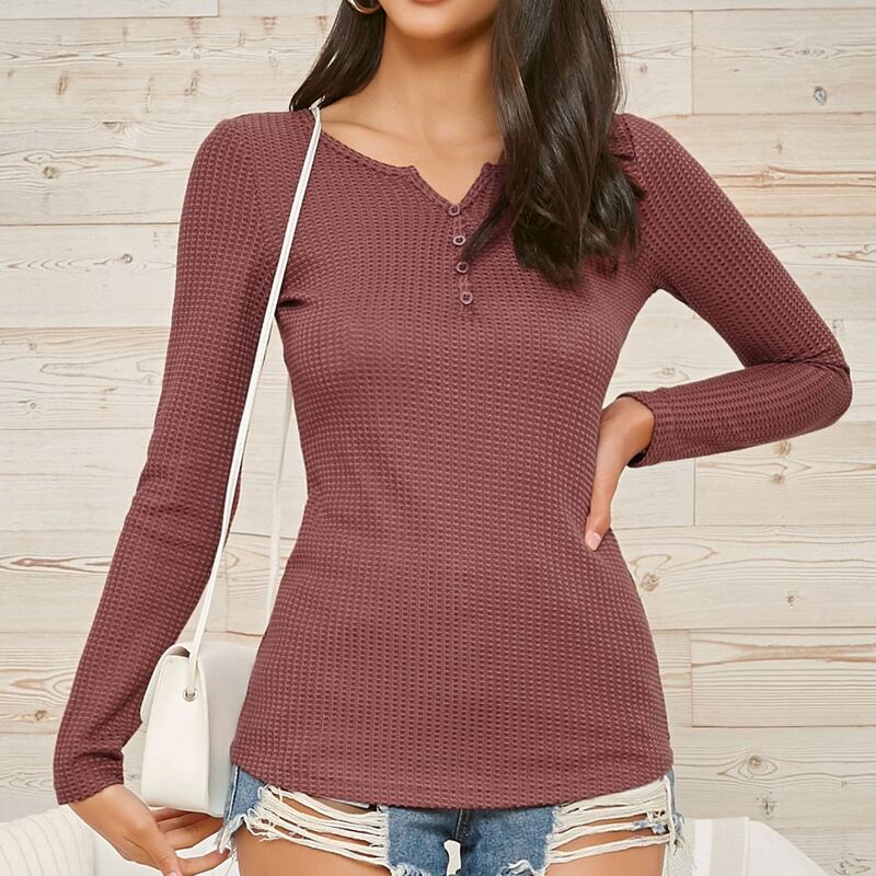 

Waffle Knit Button Half Placket Tee, Redwood