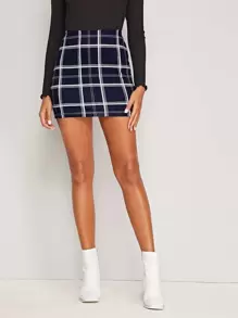 SHEIN Privé Plaid High-Rise Mini Skirt - Navy Blue - View 1
