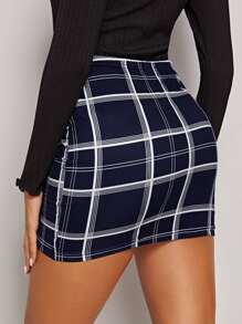 SHEIN Privé Plaid High-Rise Mini Skirt - Navy Blue - View 2