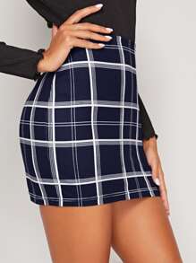 SHEIN Privé Plaid High-Rise Mini Skirt - Navy Blue - View 4