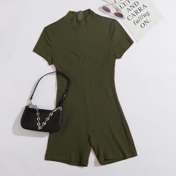

Mock-Neck Rib-knit Romper, Army green
