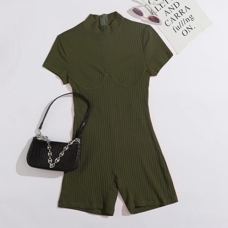 

Mock-Neck Rib-knit Romper, Army green