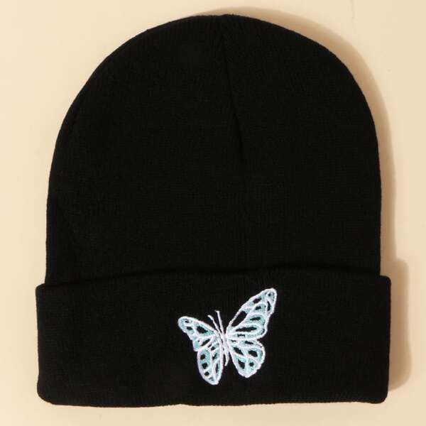 

Men Butterfly Embroidered Beanie, Black