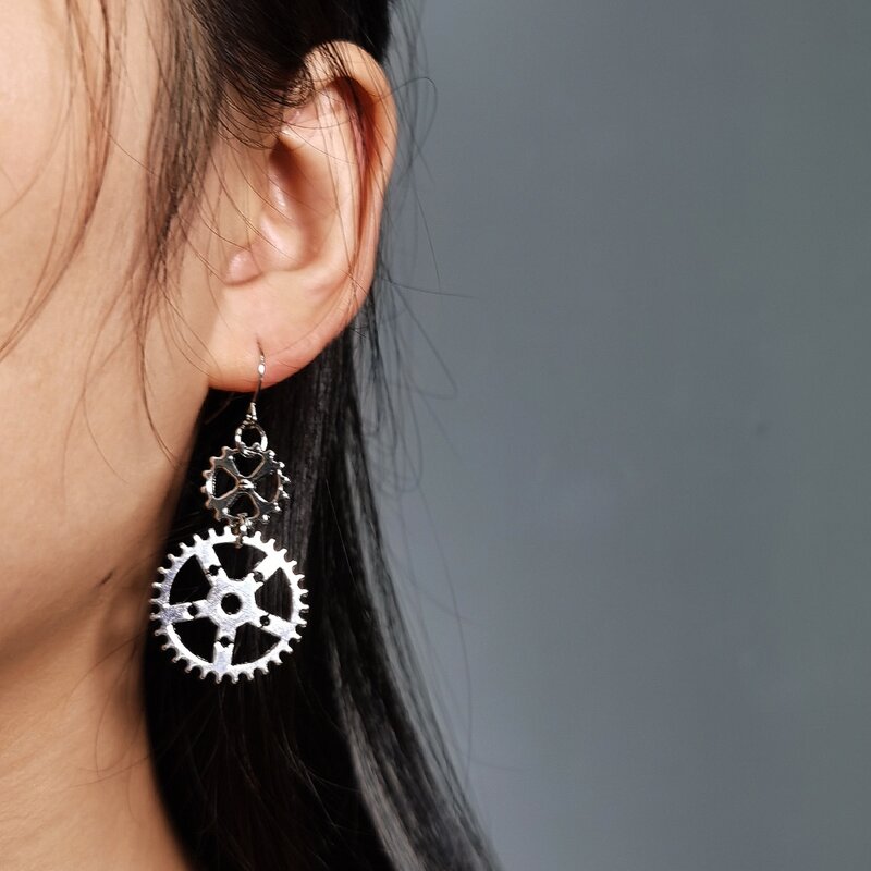 

Gear Drop Earrings, Silver