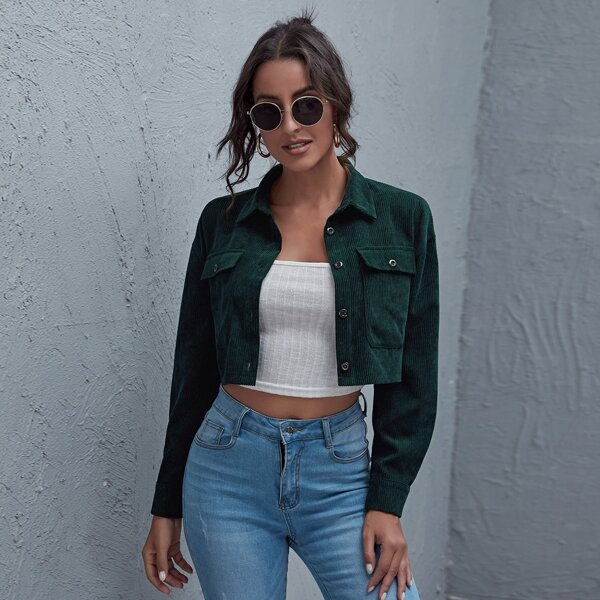 

Button Front Crop Cord Trucker Jacket, Dark green