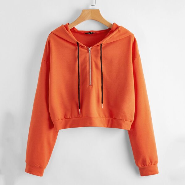 

Half Zip Drop Shoulder Drawstring Crop Hoodie, Orange