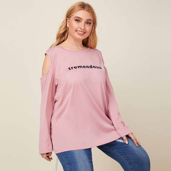 

Plus Letter Graphic Cold Shoulder Tee, Dusty pink