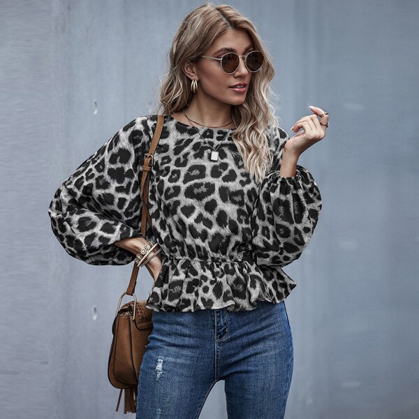 

Leopard Print Ruffle Hem Bishop Sleeve Blouse, Multicolor