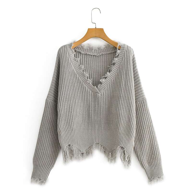 

Frayed Drop Shoulder Cropped Sweater, Grey