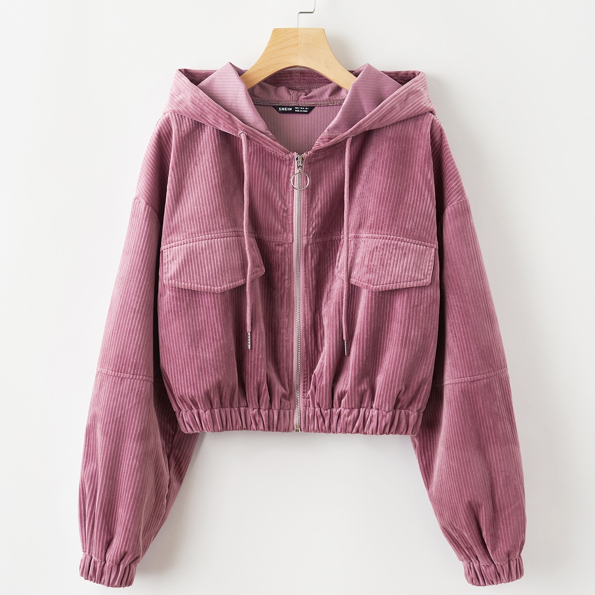 Image of Corduroy O-ring Zip Drawstring Hooded Jacket
