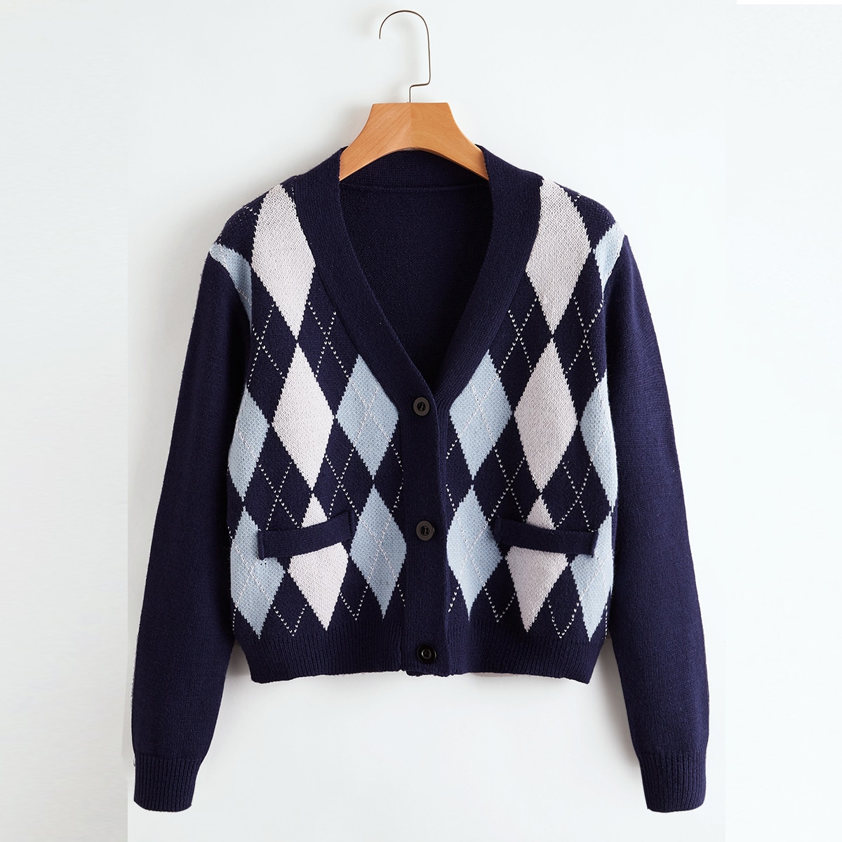 Image of Argyle Pattern Button Front Cardigan
