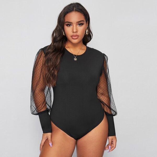 

Plus Contrast Mesh Bishop Sleeve Bodysuit, Black