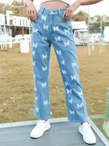 Butterfly Print High Waist Jeans - Light Wash - View 1