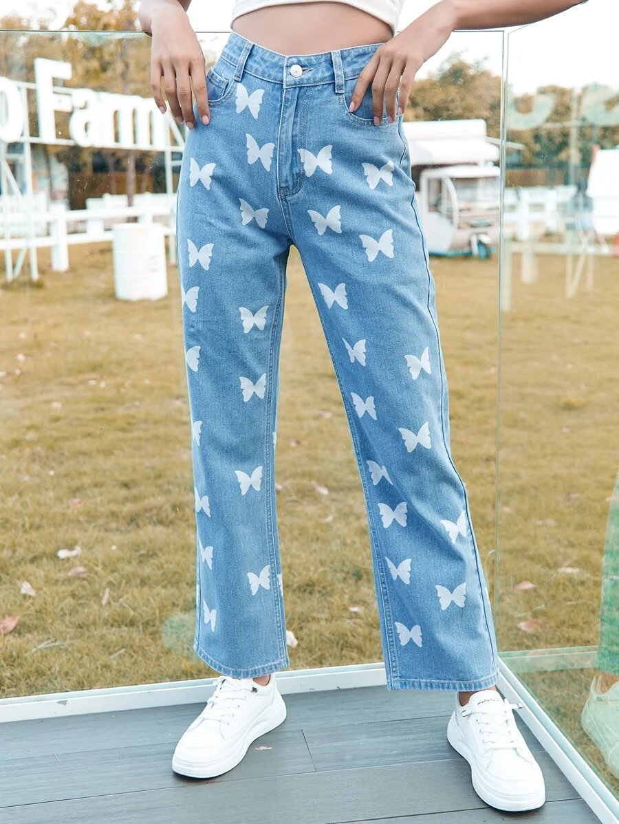 Butterfly Print High Waist Jeans - Light Wash - View 1