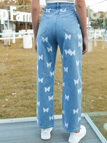 Butterfly Print High Waist Jeans - Light Wash - View 2