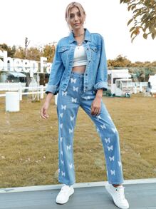 Butterfly Print High Waist Jeans - Light Wash - View 3