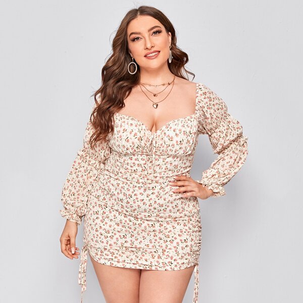 

Plus Ditsy Floral Print Drawstring Side Milkmaid Dress, Beige