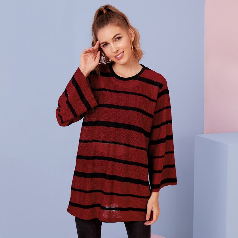 

Striped Longline Slouchy Tee, Maroon