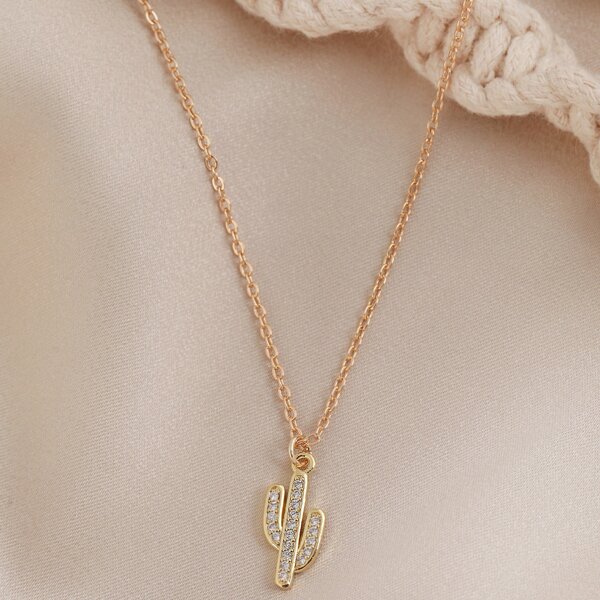 

Rhinestone Pave Cactus Pendant Necklace, Gold