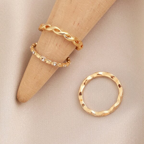 

Set Of Three Twist And Wavy Stacking Rings, Gold