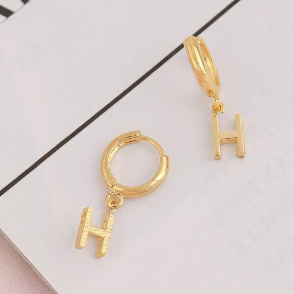 

1pair Mini Hoop And Letter H Charm Earrings, Gold