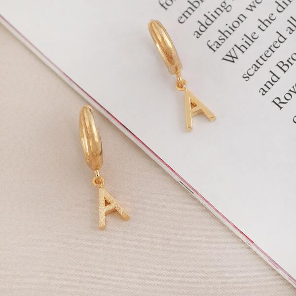 

1pair Mini Hoop And Letter A Charm Earrings, Gold