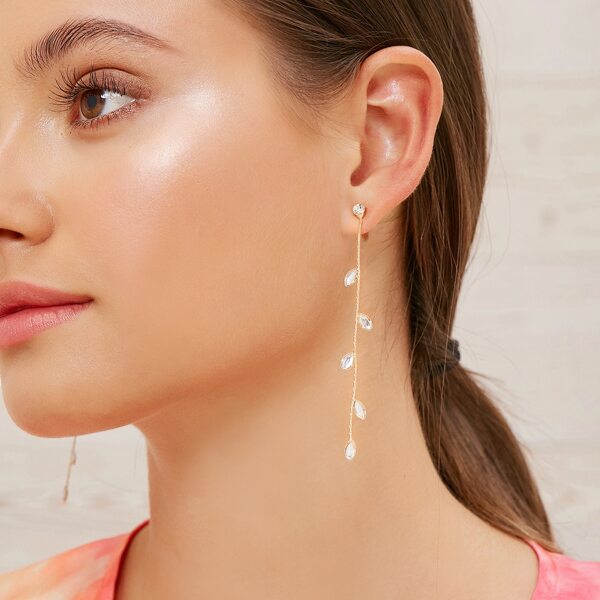 

1pair Dangling Rhinestone Leaves String Earrings, Gold