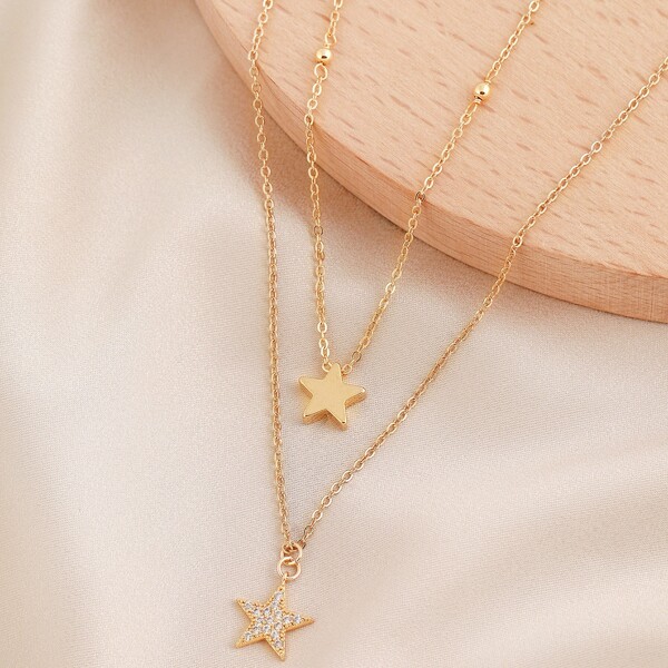 

Layered Rhinestone Pave Star Pendant Necklace, Gold