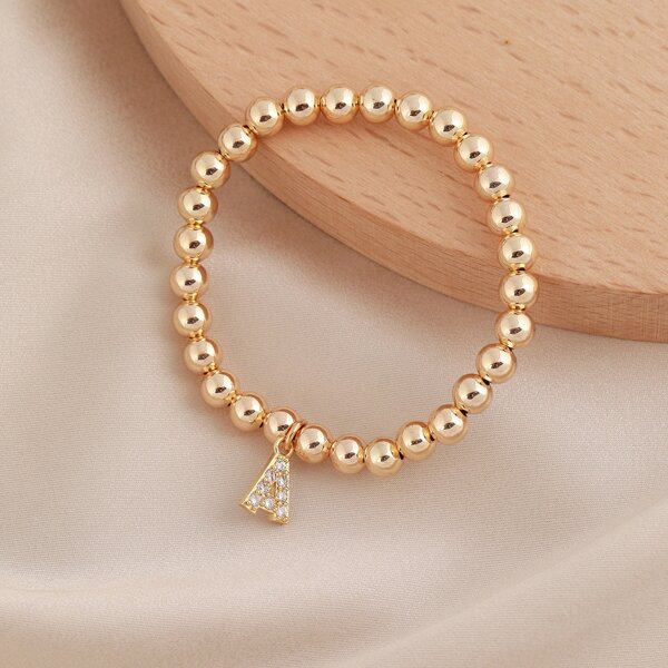 

Rhinestone Letter A Charm Stretchy Bead Bracelet, Gold