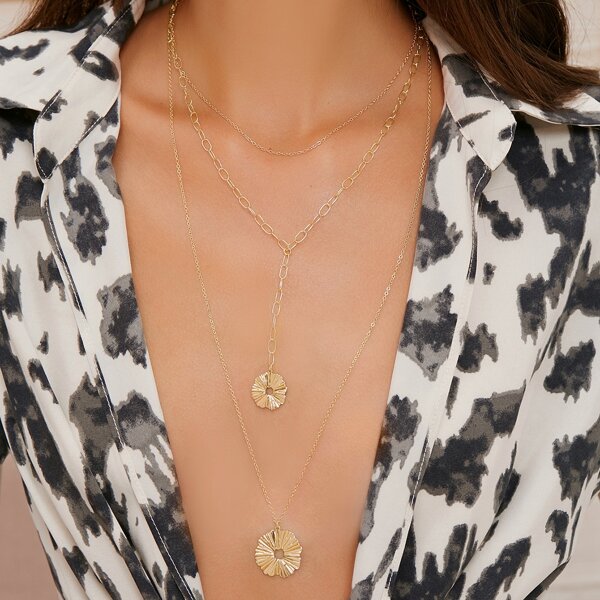 

Layered Mix Chain Flower Pendant Necklace, Gold