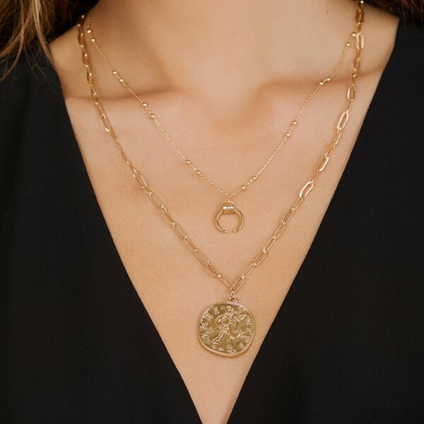 

Coin Pendant Layered Chain Link Necklace, Gold