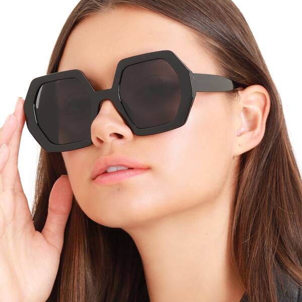 

Large Heptagon Acrylic Frame Sunglasses, Black