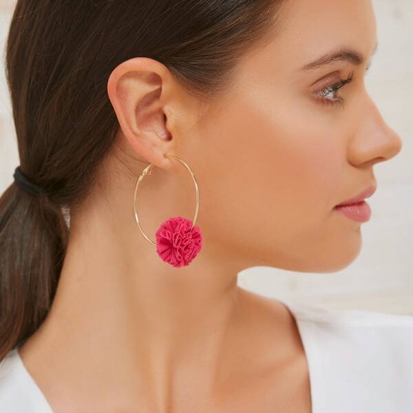 

1pair Fabric Puff Large Hoop Earrings, Hot pink