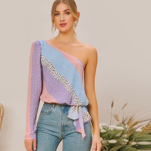 

One Shoulder Tie Hem Colorblock Top, Multicolor