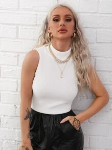 SHEIN Essnce Tank top tejido de canalé de cuello alto - Blanco - Ver 3
