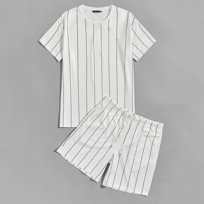 

Guys Striped Top and Drawstring Waist Track Shorts Set, White