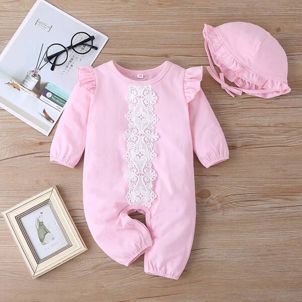 

Baby Girl Lace Panel Ruffle Trim Jumpsuit & Hat, Baby pink