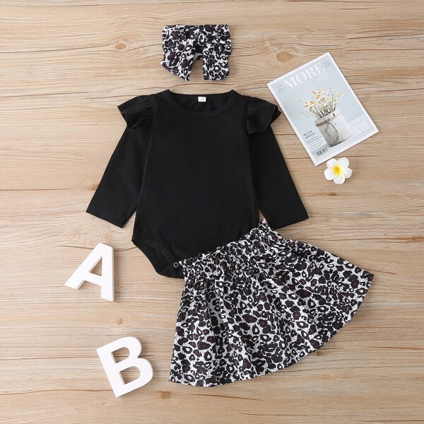 

Baby Girl Ruffle Trim Bodysuit & Leopard Skirt & Headband, Black and white